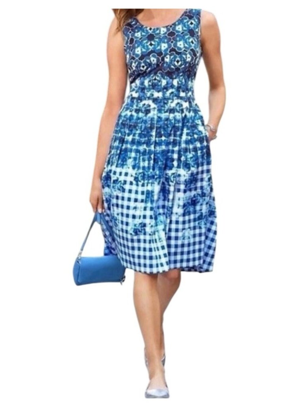 Talbots Blue Floral Gingham A Line Pleated Sleeveless Workwear Dress Size 14